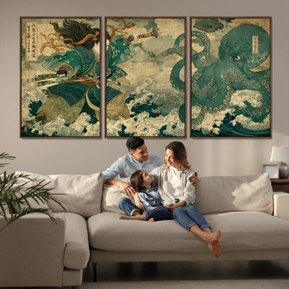 Tsukioka Yoshitoshi Samurai Wall Art Print, Japanese Katana Warrior Canvas Wall Art, Octopus Sea Monster Canvas Print,