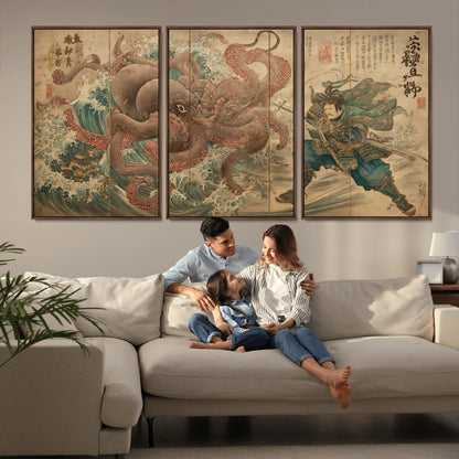 Tsukioka Yoshitoshi Samurai Wall Art Print, Japanese Katana Warrior Canvas Wall Art, Octopus Sea Monster Canvas Print,