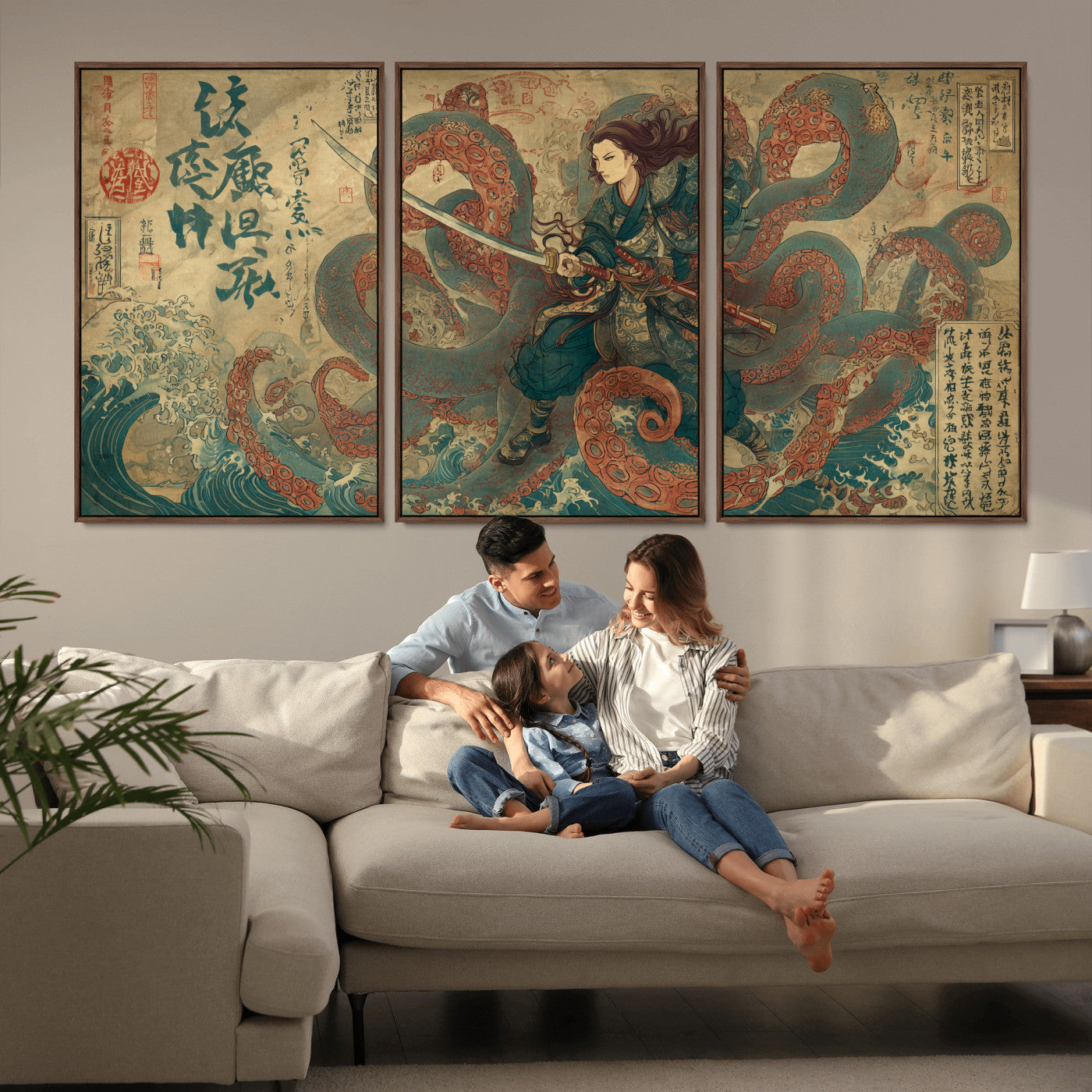 Tsukioka Yoshitoshi Samurai Wall Art Print, Japanese Katana Warrior Canvas Wall Art, Octopus Sea Monster Canvas Print,