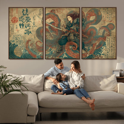 Tsukioka Yoshitoshi Samurai Wall Art Print, Japanese Katana Warrior Canvas Wall Art, Octopus Sea Monster Canvas Print,