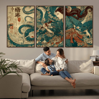 Tsukioka Yoshitoshi Samurai Wall Art Print, Japanese Katana Warrior Canvas Wall Art, Octopus Sea Monster Canvas Print,