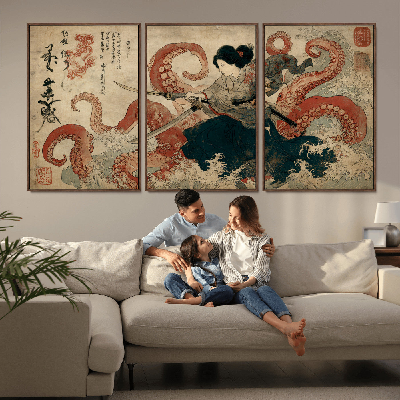 Tsukioka Yoshitoshi Samurai Wall Art Print, Japanese Katana Warrior Canvas Wall Art, Octopus Sea Monster Canvas Print,