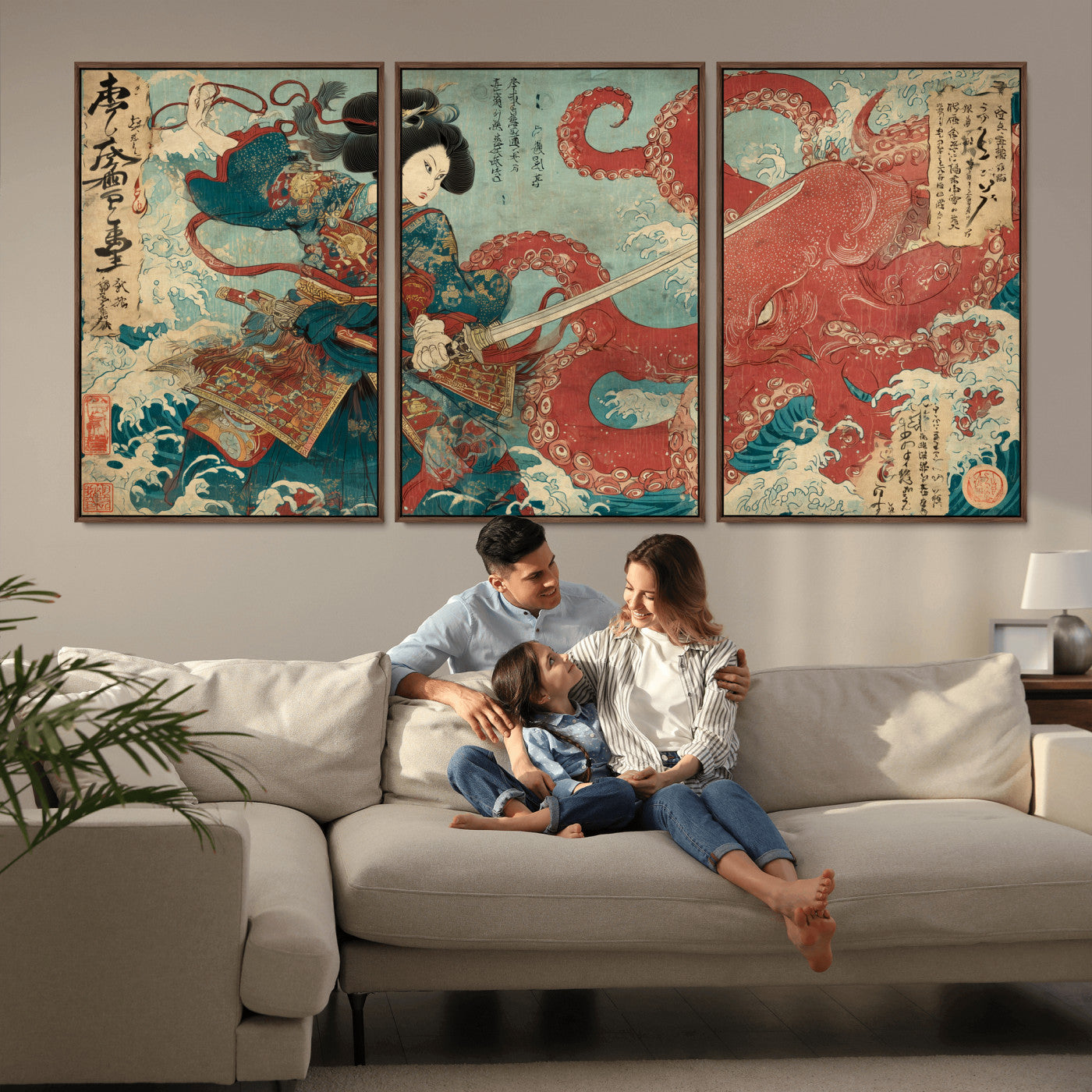 Tsukioka Yoshitoshi Samurai Wall Art Print, Japanese Katana Warrior Canvas Wall Art, Octopus Sea Monster Canvas Print,