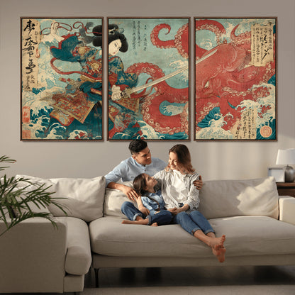 Tsukioka Yoshitoshi Samurai Wall Art Print, Japanese Katana Warrior Canvas Wall Art, Octopus Sea Monster Canvas Print,