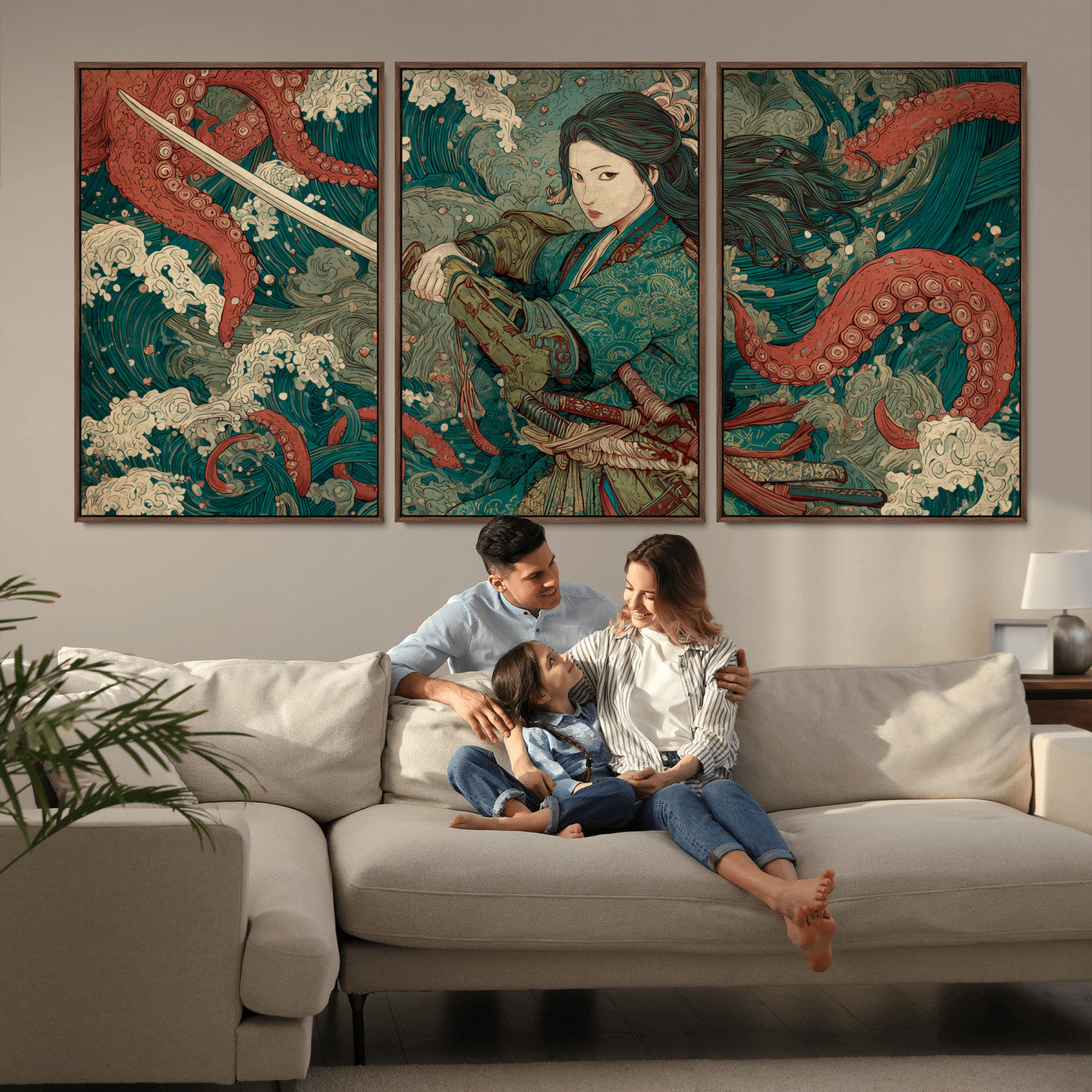 Tsukioka Yoshitoshi Samurai Wall Art Print, Japanese Katana Warrior Canvas Wall Art, Octopus Sea Monster Canvas Print,