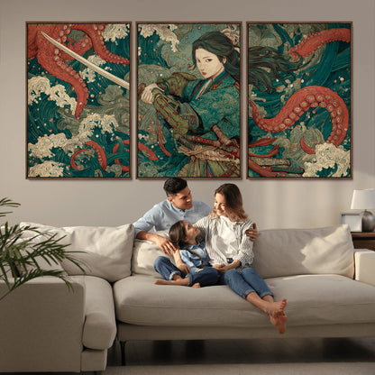 Tsukioka Yoshitoshi Samurai Wall Art Print, Japanese Katana Warrior Canvas Wall Art, Octopus Sea Monster Canvas Print,