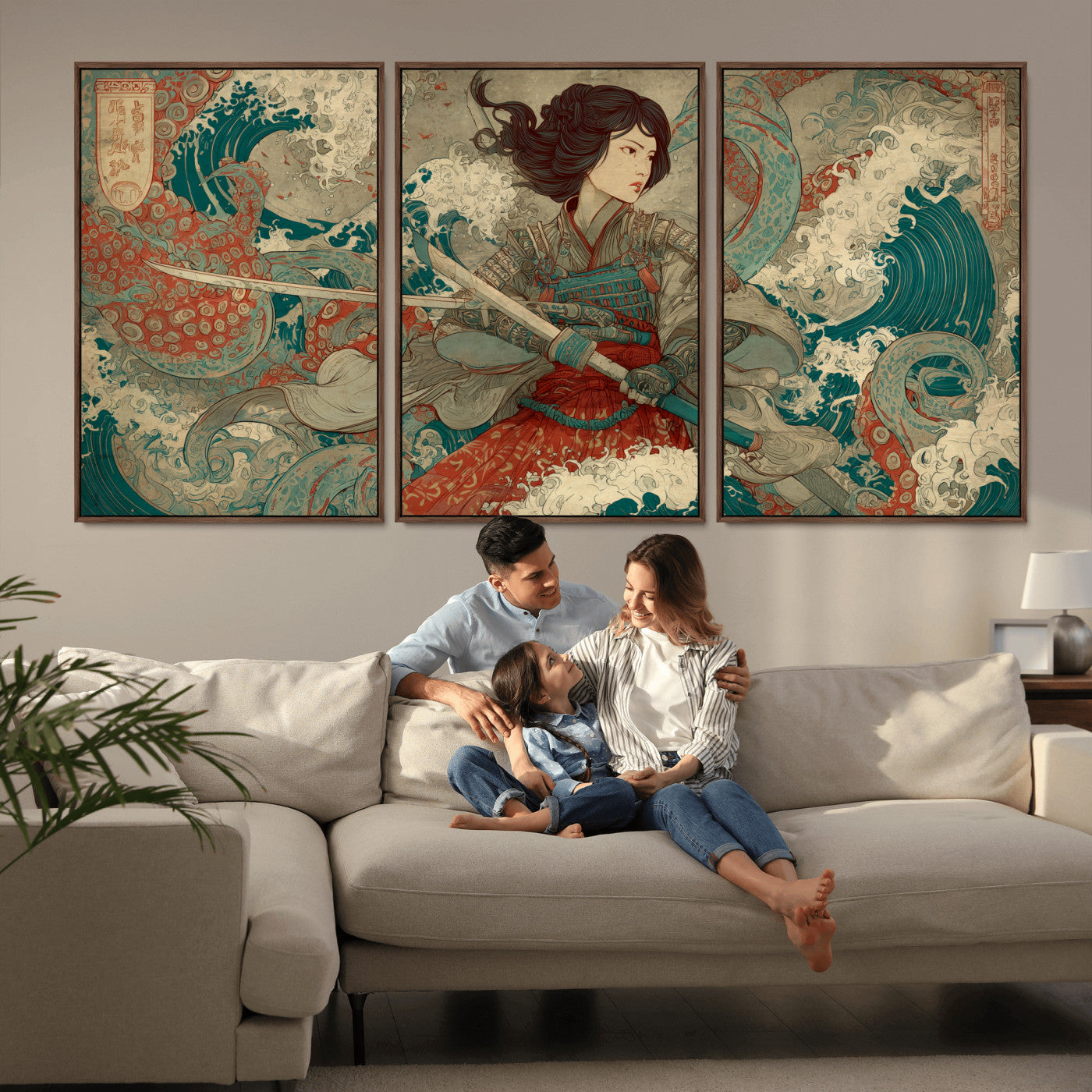 Tsukioka Yoshitoshi Samurai Wall Art Print, Japanese Katana Warrior Canvas Wall Art, Octopus Sea Monster Canvas Print,