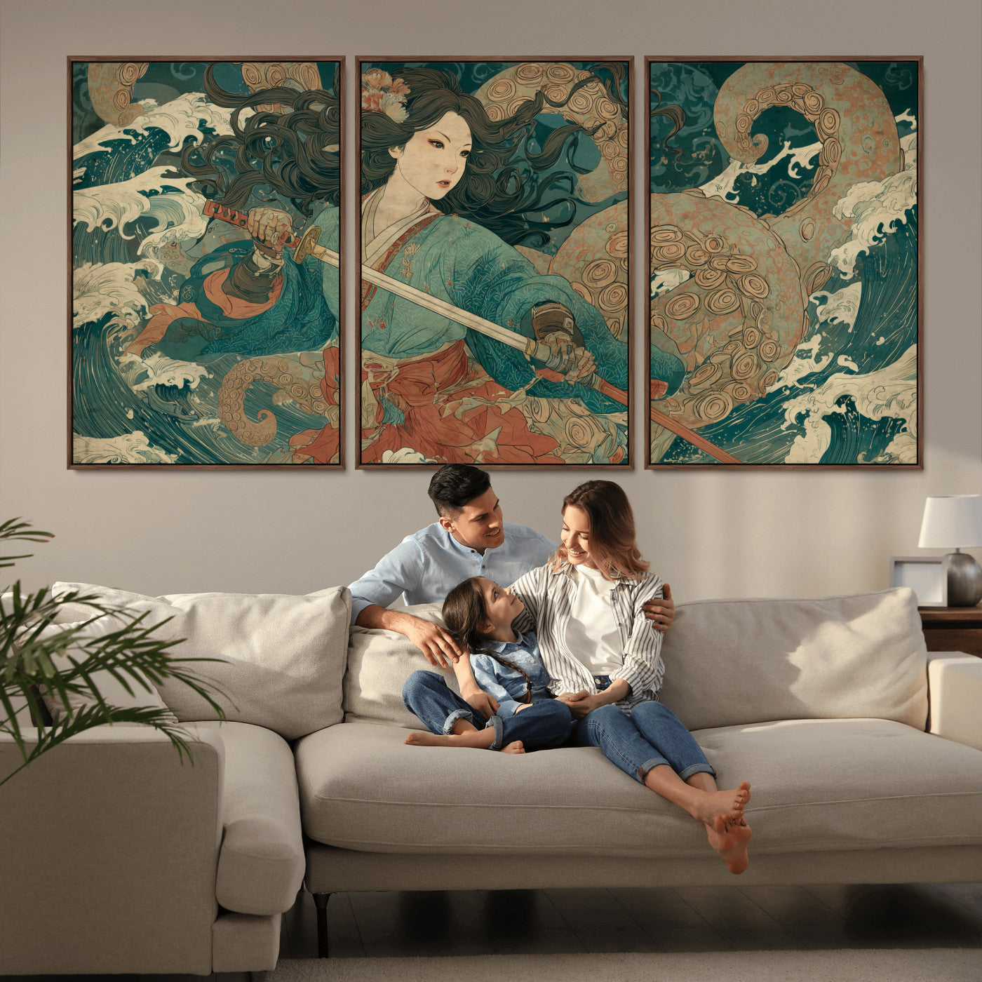 Tsukioka Yoshitoshi Samurai Wall Art Print, Japanese Katana Warrior Canvas Wall Art, Octopus Sea Monster Canvas Print,