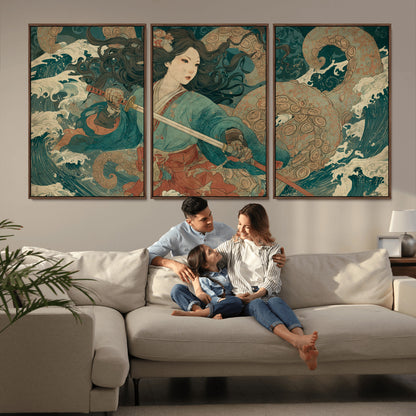 Tsukioka Yoshitoshi Samurai Wall Art Print, Japanese Katana Warrior Canvas Wall Art, Octopus Sea Monster Canvas Print,