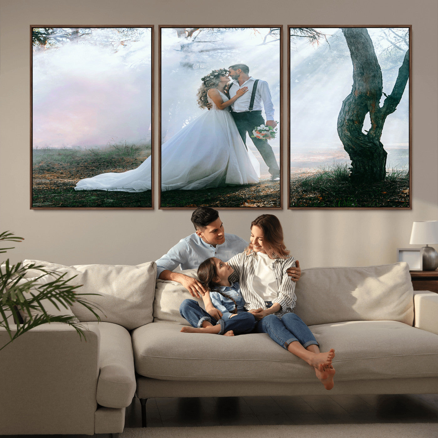 MGV-FC-60X30-3P - Forest Wedding Wall Art – Romantic Bride and Groom Canvas Print, Enchanted Woodland Photography Decor for Bedroom, Living Room, or Wedding Gift