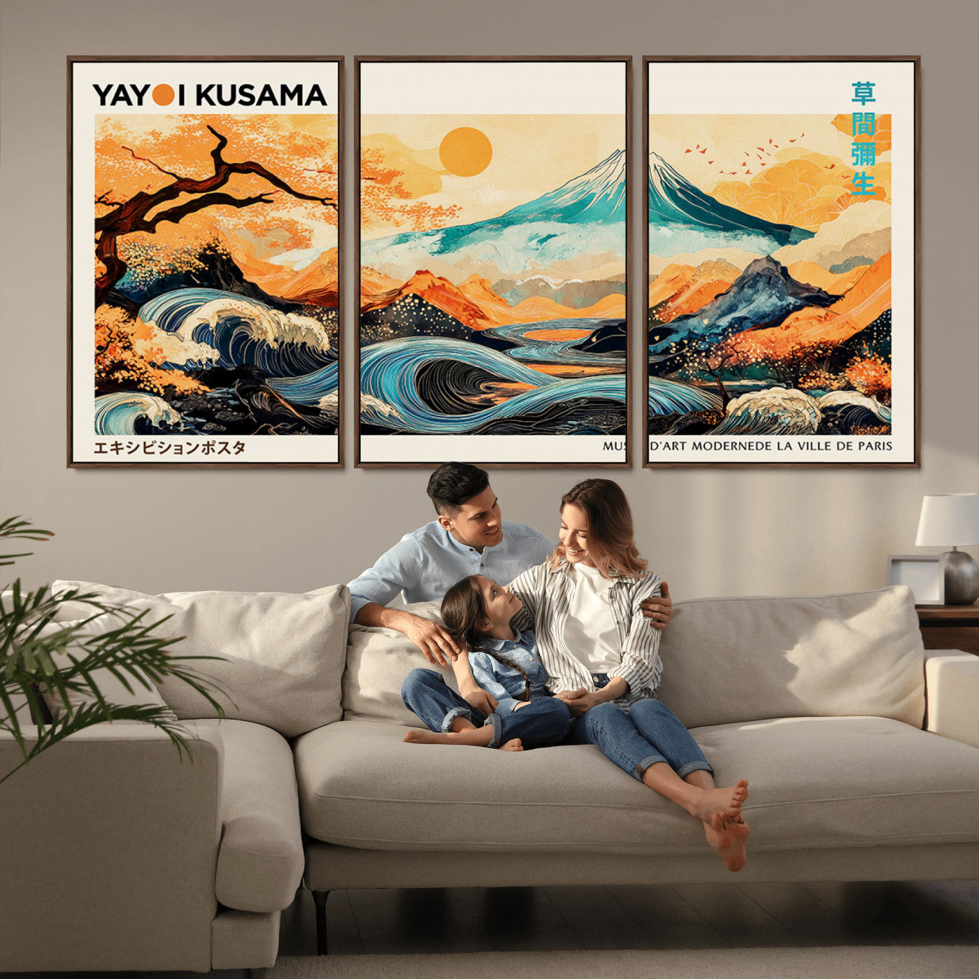 Modern Japanese-style art print featuring a stylized Mount Fuji, flowing waves, and vibrant landscapes in bold colors, inspired by traditional and contemporary aesthetics.