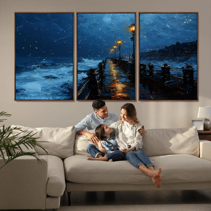 "Impressionistic painting of a rainy pier at night with glowing street lamps reflecting on the wet surface, ocean waves crashing under a dark blue sky."