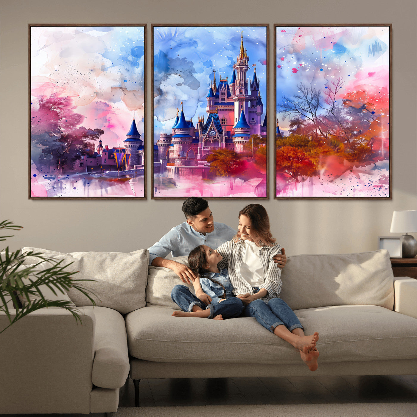 Watercolor canvas of a dreamy Disney-style castle in pastel pink and blue tones, perfect for fairytale or whimsical home decor.