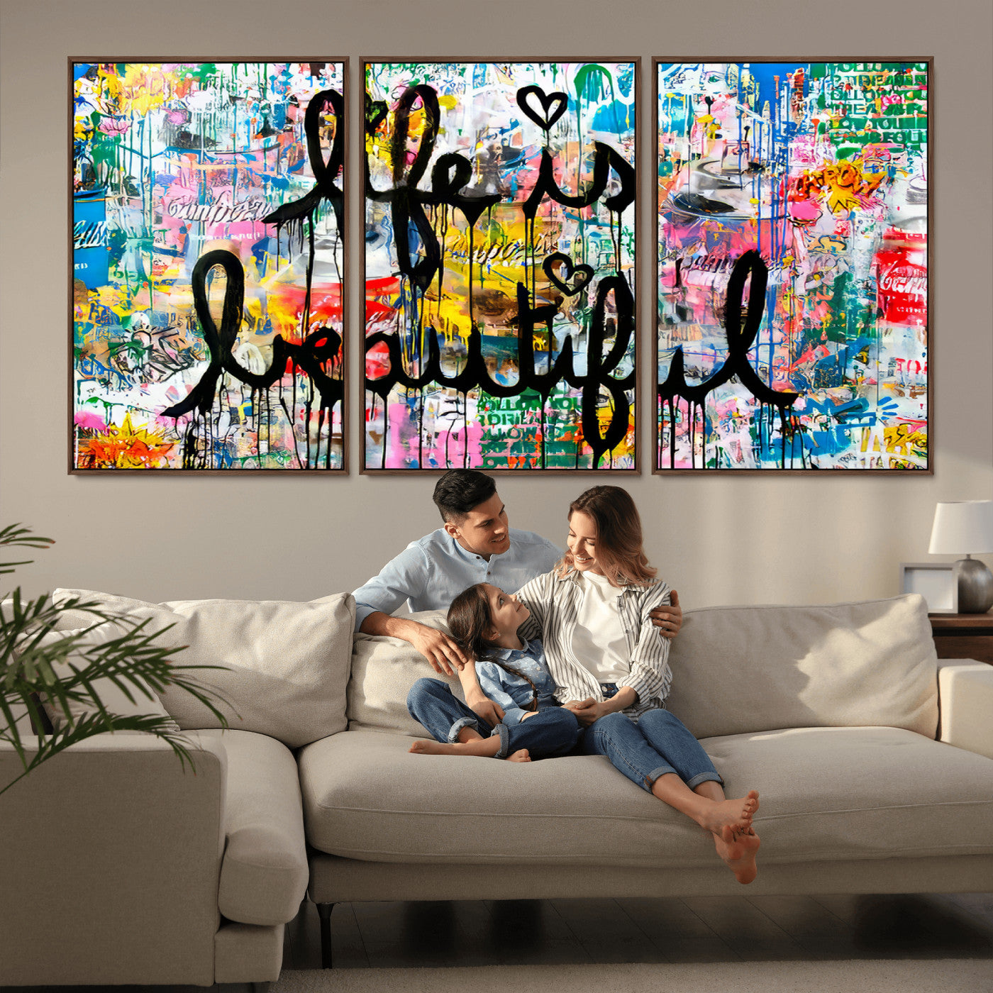 Colorful urban-style canvas with graffiti text “Life is Beautiful” in black paint, ideal for bold or street-themed home decor.
