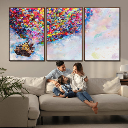Whimsical canvas of the house from the movie Up flying with colorful balloons, ideal for Pixar or animation-themed decor.