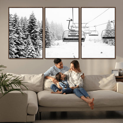 Black and white canvas of empty ski lifts over a snowy pine forest, perfect for minimal winter or ski lodge-inspired decor.
