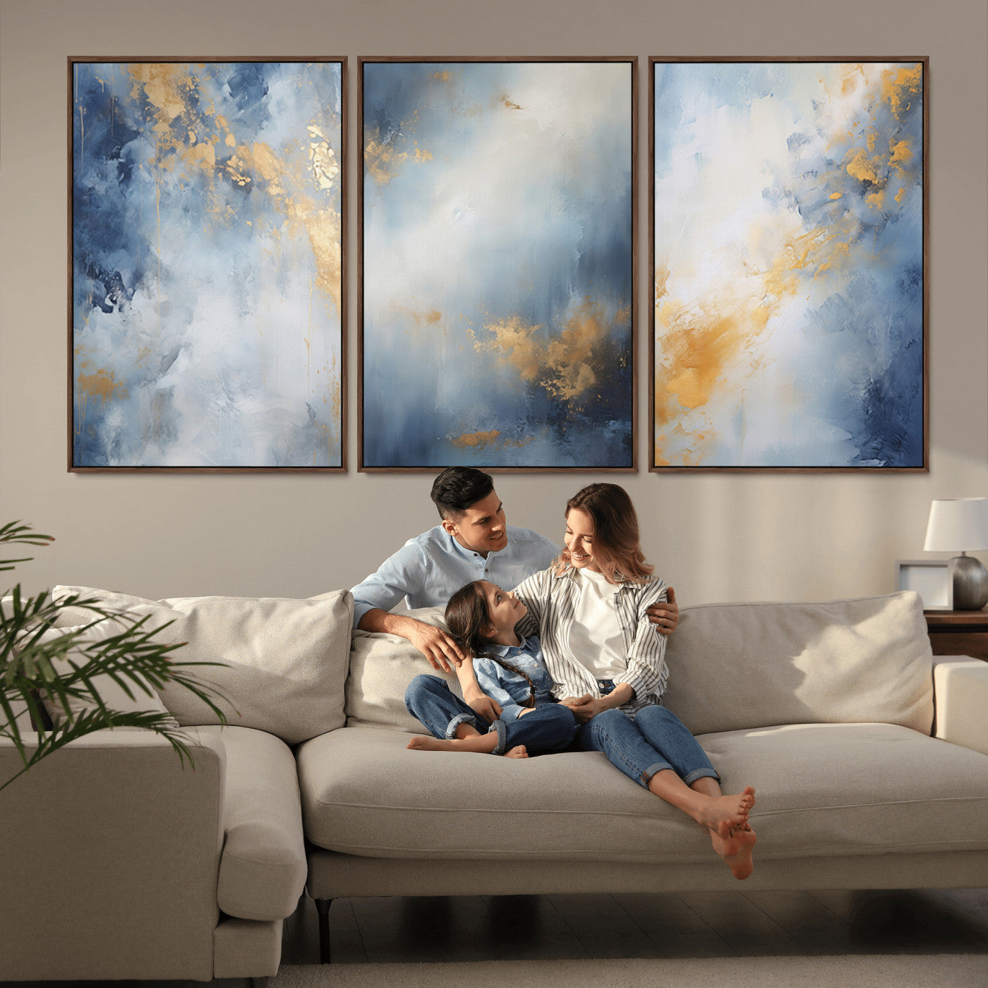 Abstract canvas art in soft blue and gold tones with textured brushstrokes, ideal for elegant or modern neutral decor spaces.