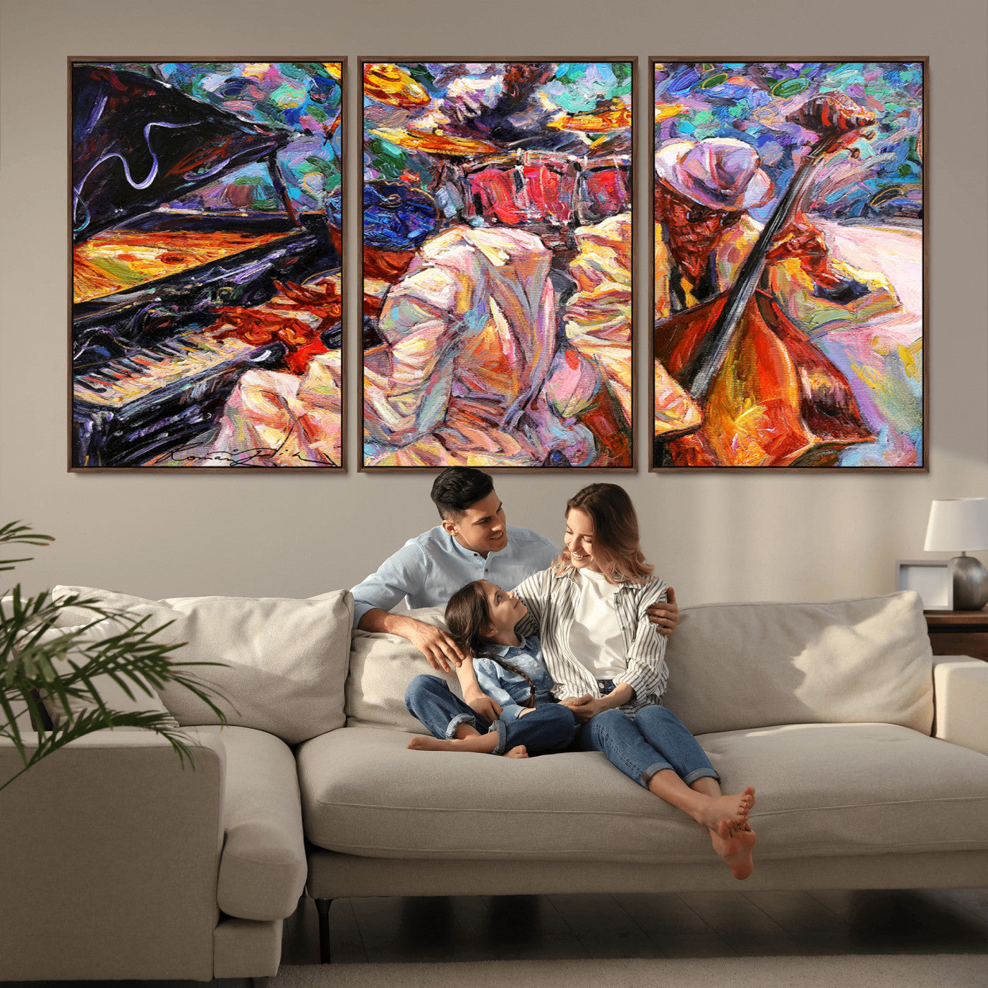 Vibrant oil painting of a jazz band with piano, saxophone, and bass, ideal for colorful and expressive music-themed home decor.