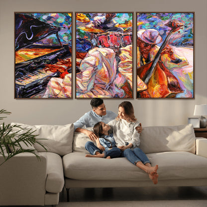 Vibrant oil painting of a jazz band with piano, saxophone, and bass, ideal for colorful and expressive music-themed home decor.