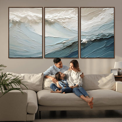 Textured canvas of ocean waves in soft coastal blues and creamy whites, ideal for modern or minimalist coastal-style interiors.