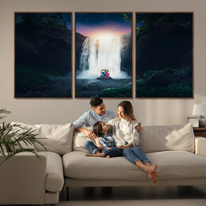 Romantic scene of Stitch and Angel sitting under a leaf in front of a glowing waterfall, ideal for tropical or fantasy-themed decor.