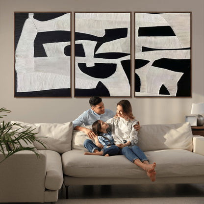 Minimalist black and white canvas featuring bold abstract textures and geometric shapes, ideal for modern neutral decor.
