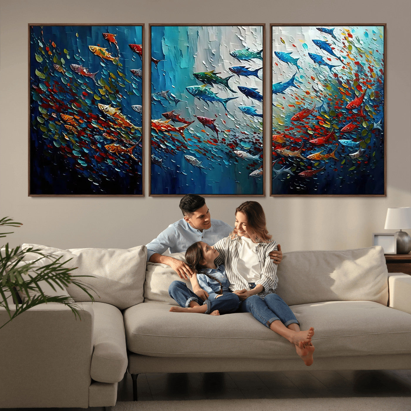 Colorful painting of fish swimming in abstract ocean swirls, perfect for vibrant marine-themed or expressive coastal home decor.
