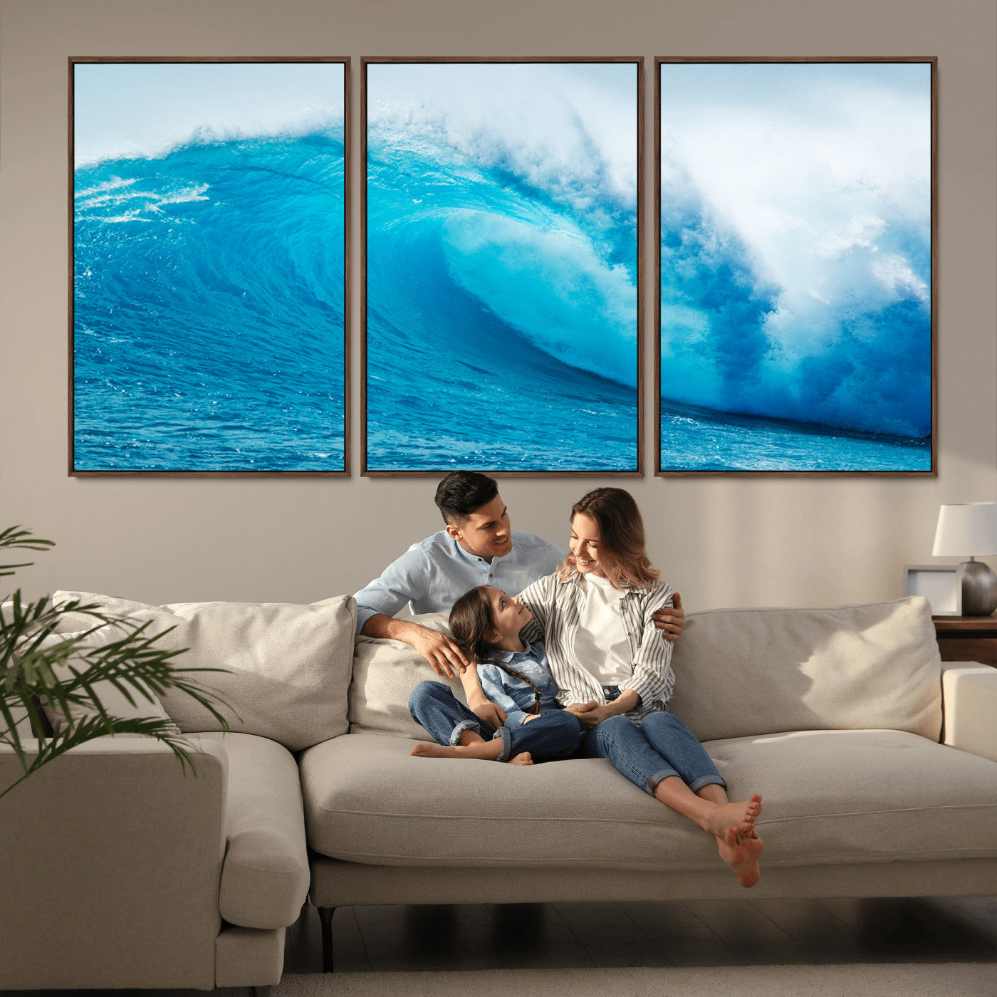 Vibrant canvas of a powerful curling ocean wave in tropical blue tones, perfect for coastal or surf-inspired decor settings.