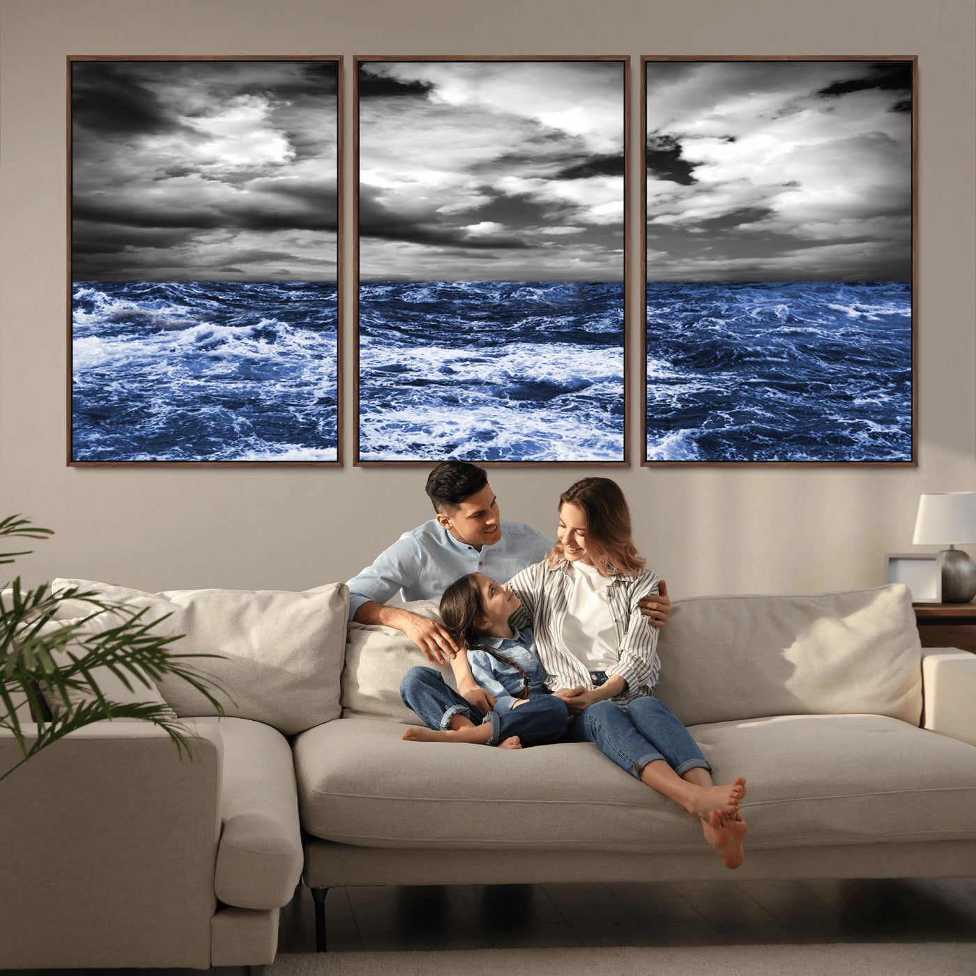 Moody canvas wall art of a stormy ocean under a dramatic black-and-white sky, perfect for bold or coastal-style interiors.