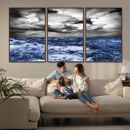 Moody canvas wall art of a stormy ocean under a dramatic black-and-white sky, perfect for bold or coastal-style interiors.