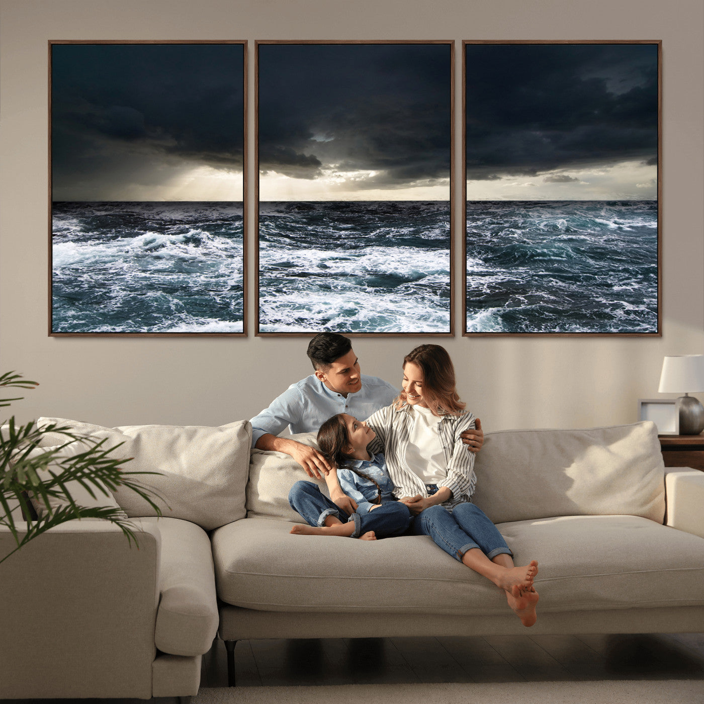 Moody ocean scene with stormy skies and crashing waves, perfect for dramatic or coastal-style home wall decor.