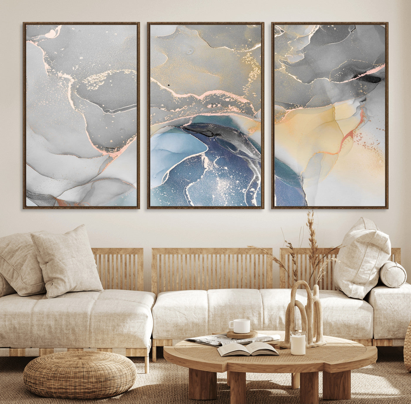 63211-MGV-FC-60X30-3P_Walnut-Abstract Fluid Art Wall Decor – Blue, Gray & Gold Canvas Print, Modern Home and Office Wall Art Decor for Living Room, Bedroom or Workspace