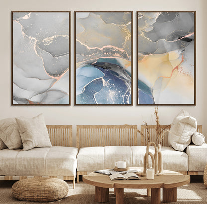 63211-MGV-FC-60X30-3P_Walnut-Abstract Fluid Art Wall Decor – Blue, Gray & Gold Canvas Print, Modern Home and Office Wall Art Decor for Living Room, Bedroom or Workspace