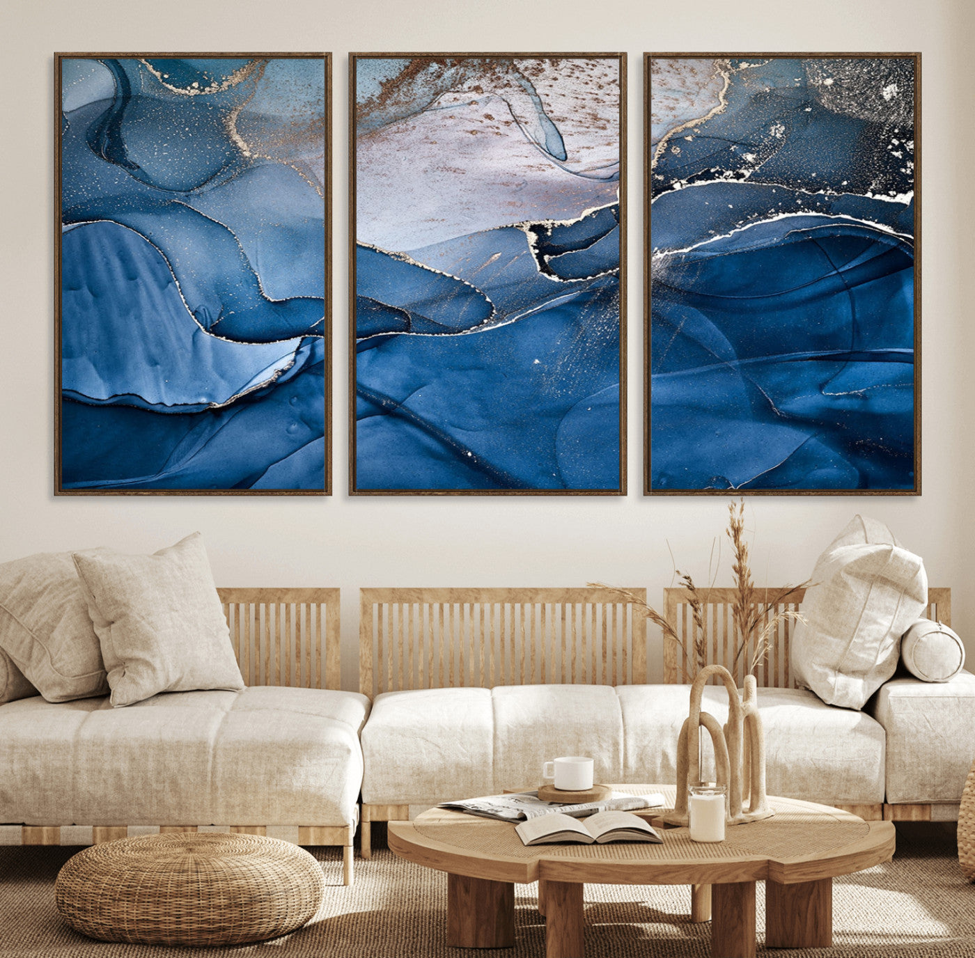 27810-MGV-FC-60X30-3P_Walnut-Abstract Blue Gold Fluid Art Wall Decor – Modern Canvas Print, Elegant Home & Office Wall Art, Stylish Living Room or Bedroom Decoration