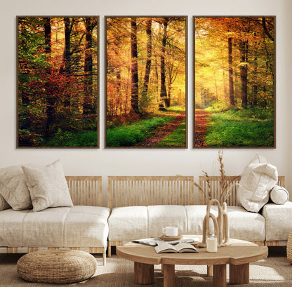 73494-MGV-FC-60X30-3P_Walnut-Golden Autumn Forest Path Wall Art – Sunlit Woodland Canvas Print, Fall Nature Landscape Home Decor