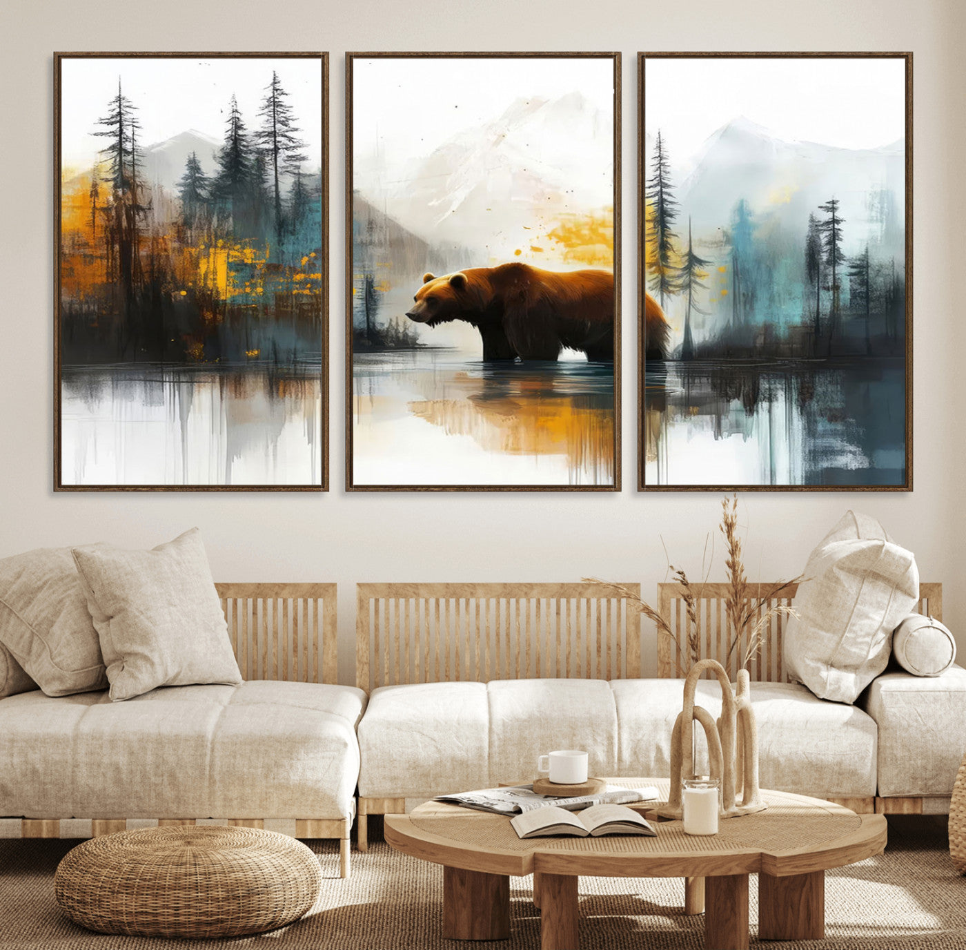 A majestic bear stands by the serene waters of a misty forest, surrounded by towering trees and distant mountains, evoking the raw beauty and wild spirit of nature.