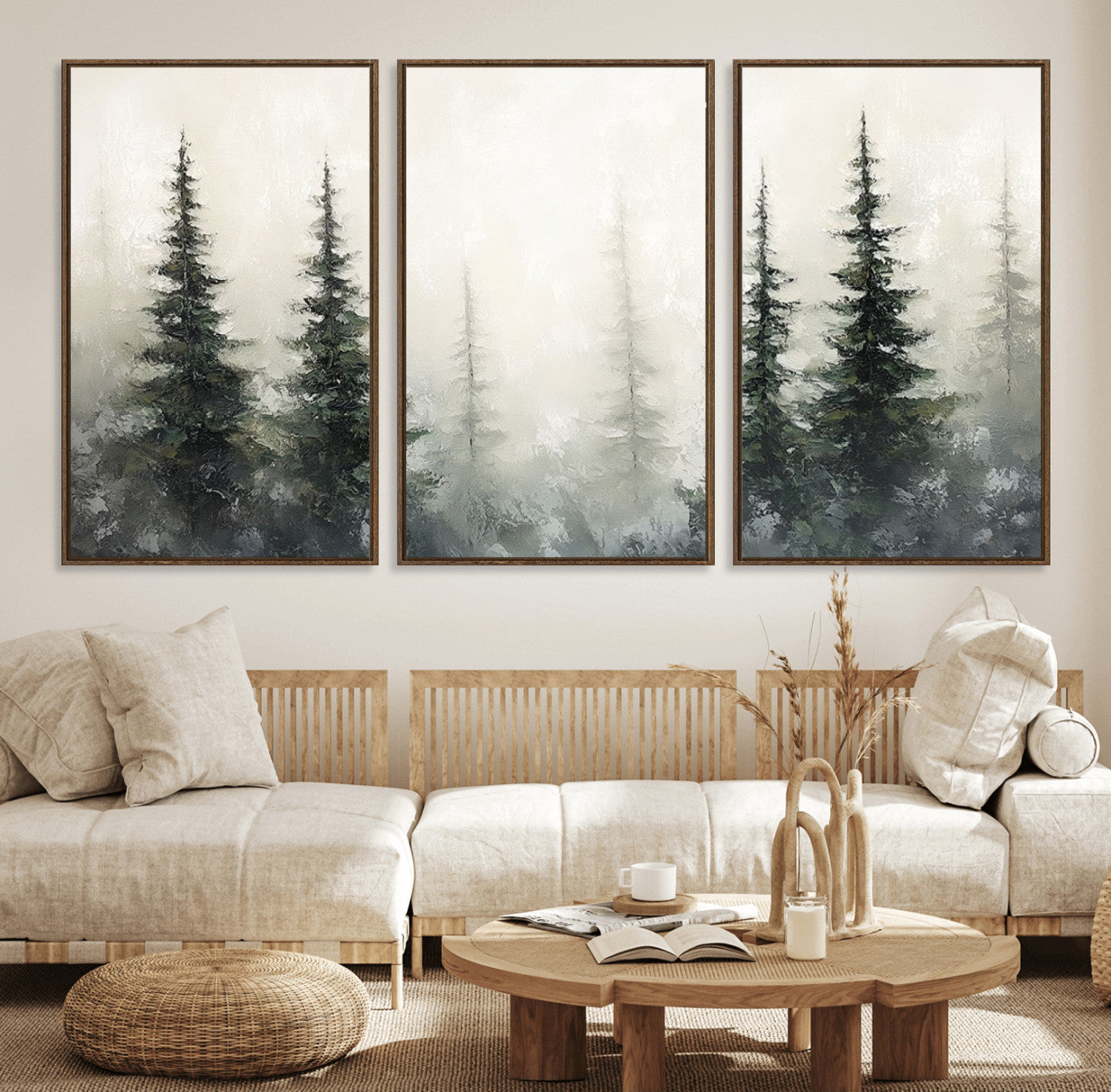 Soft and misty pine forest painting in neutral earthy tones, ideal for calm woodland or minimalist rustic home decor.