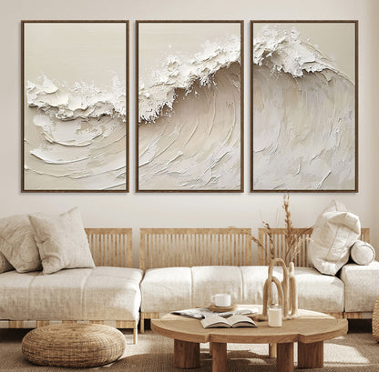 Textured canvas of an abstract white ocean wave in neutral tones, ideal for modern coastal or minimalist home decor.