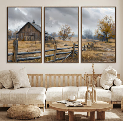 A tranquil rural scene featuring a rustic barn, overcast skies, and golden fields with scattered trees, evoking a sense of peaceful solitude in nature.