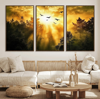 Canvas of a golden forest at sunset with birds flying through glowing sunbeams and silhouetted pine trees, ideal for warm-toned rustic decor.