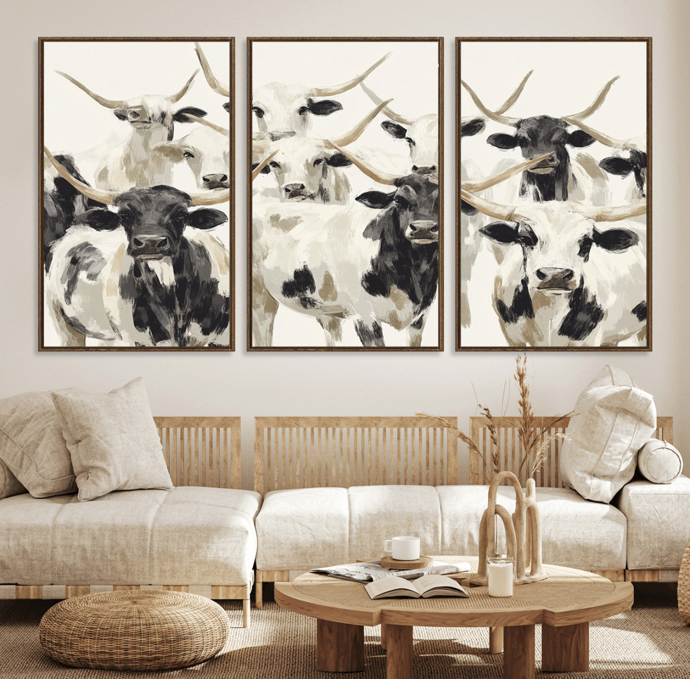 Canvas of a Texas Longhorn cattle herd in neutral black and white tones, ideal for rustic farmhouse or western-themed decor.