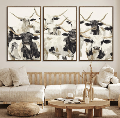 Canvas of a Texas Longhorn cattle herd in neutral black and white tones, ideal for rustic farmhouse or western-themed decor.