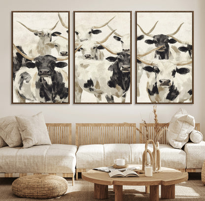 Canvas of a Texas Longhorn cattle herd in neutral black and white tones, ideal for rustic farmhouse or western-themed decor.