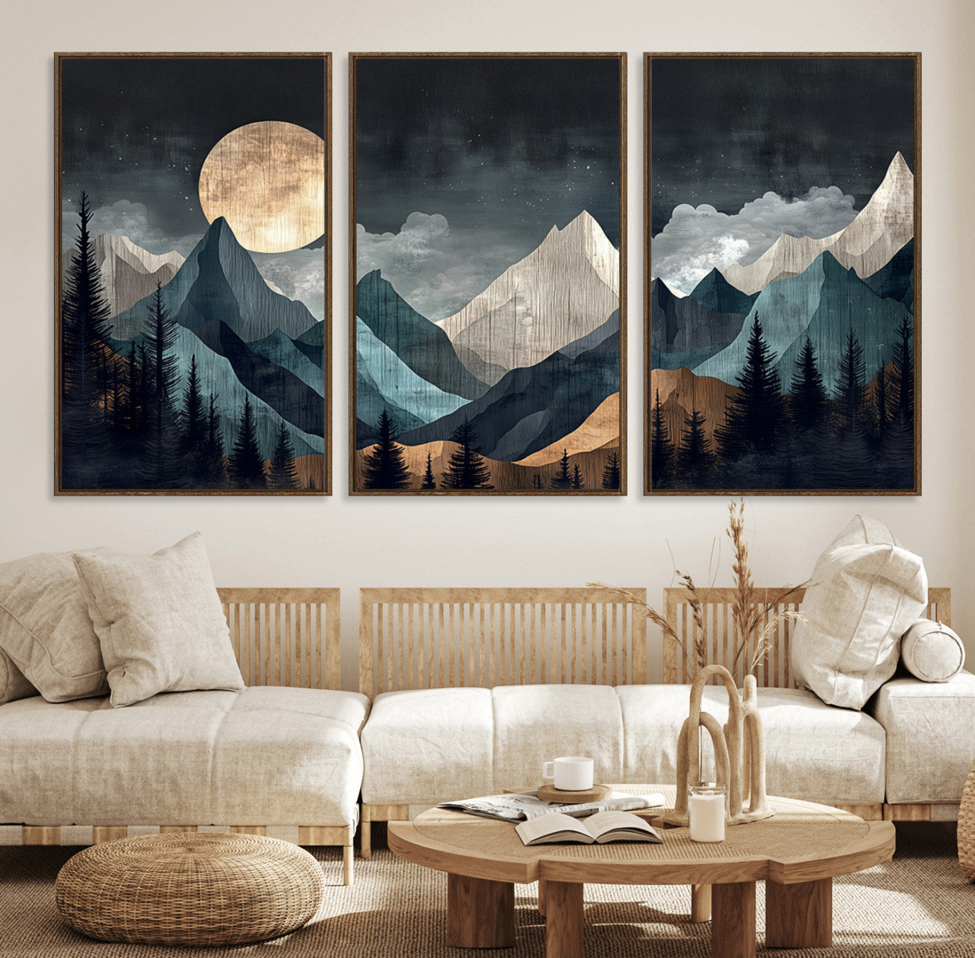 Stylized canvas of layered mountains under a full moon in neutral moody tones, ideal for nature-inspired or modern rustic interiors.