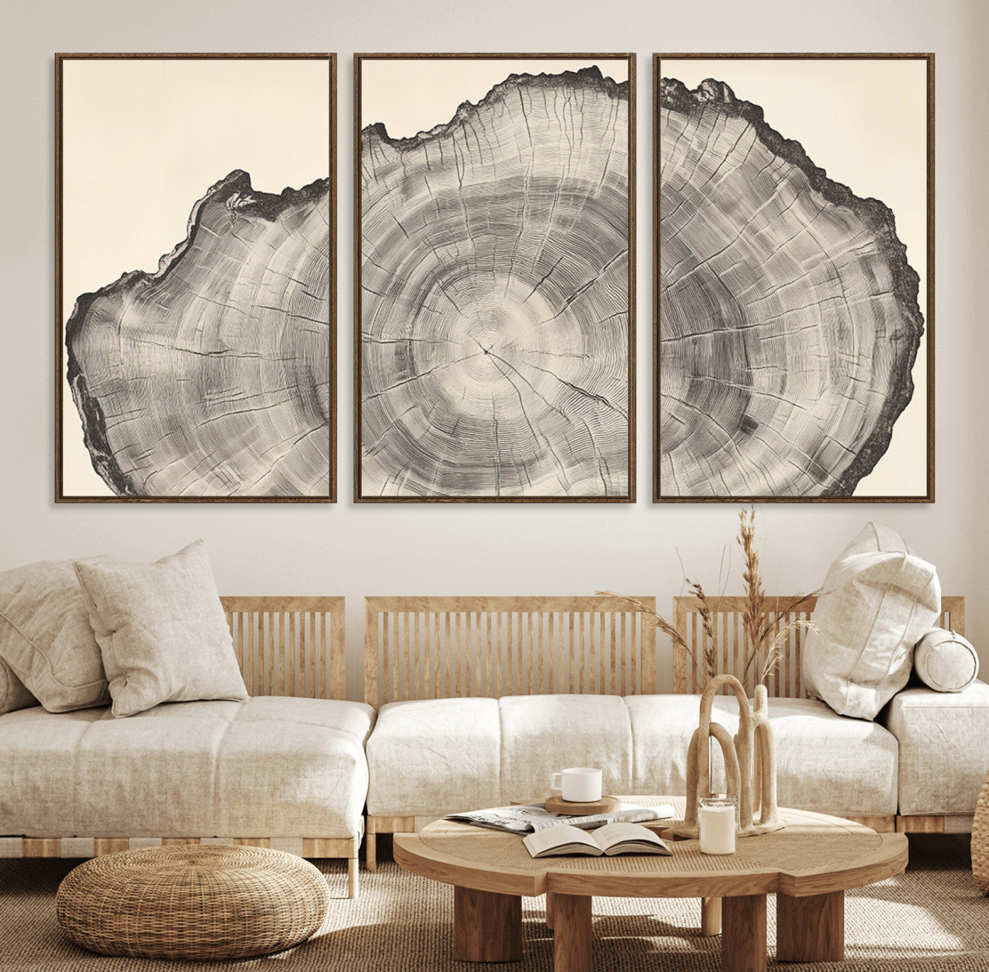 Detailed tree ring drawing in monochrome tones, ideal for rustic or nature-inspired interiors with a minimal decor aesthetic.