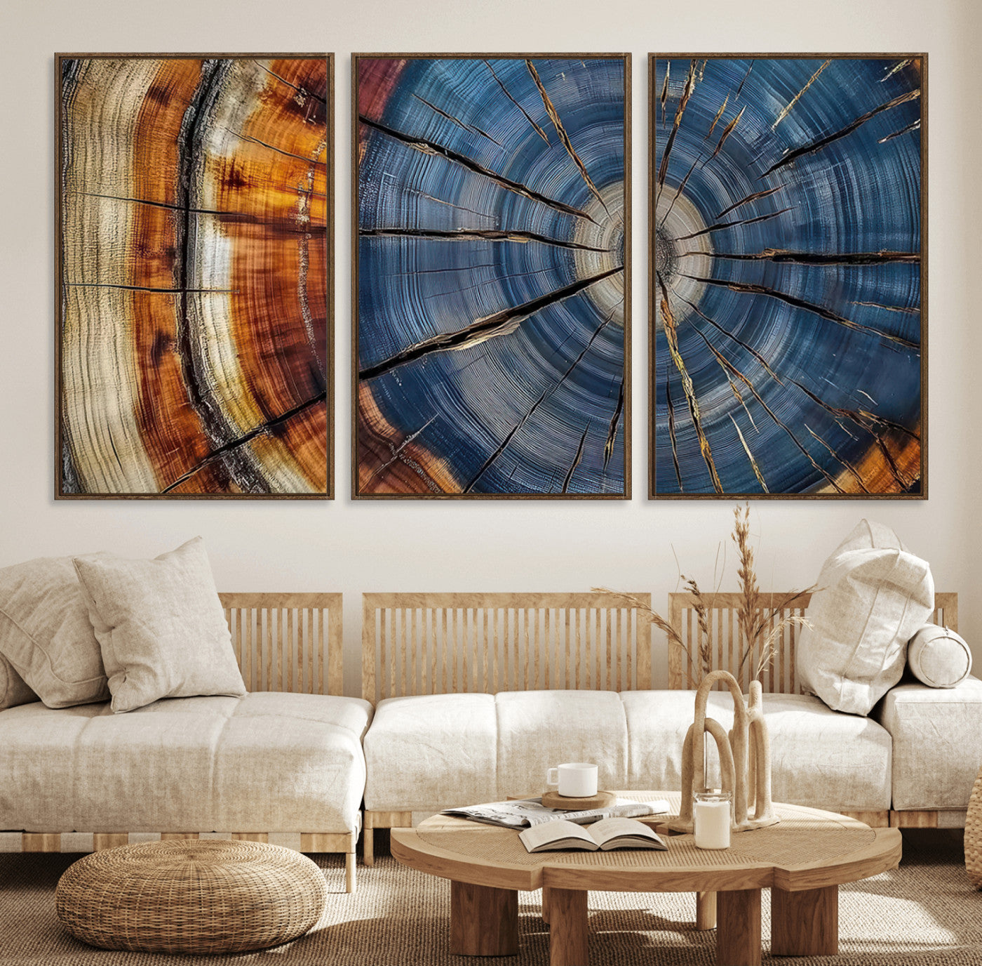 A stunning close-up view of a tree trunk, showcasing the intricate growth rings in a vibrant mix of warm browns, cool blues, and hints of natural texture.