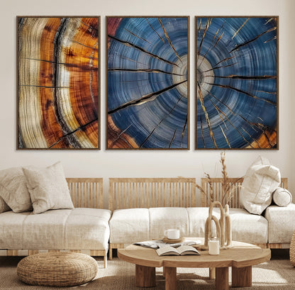 A stunning close-up view of a tree trunk, showcasing the intricate growth rings in a vibrant mix of warm browns, cool blues, and hints of natural texture.