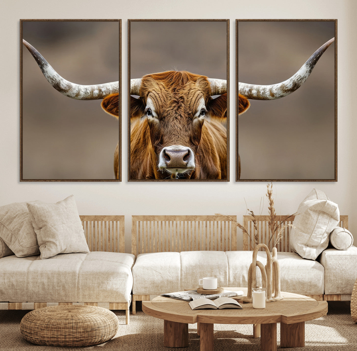 Close-up of a Texas Longhorn with strong curved horns and warm brown tones, perfect for rustic or western-style wall decor.