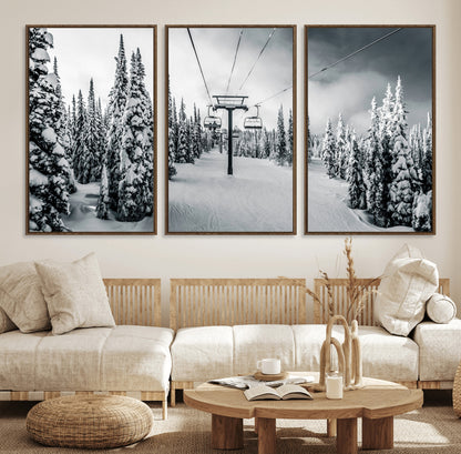 Canvas of a snowy ski lift scene through a forest of tall pine trees, ideal for moody winter or alpine-themed home decor.