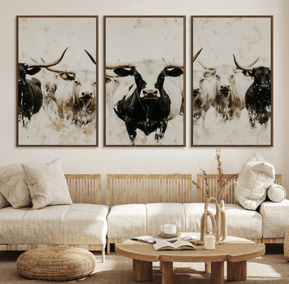 Illustrated herd of longhorn cattle in black and white tones with a neutral textured background, perfect for rustic or farmhouse-style decor.